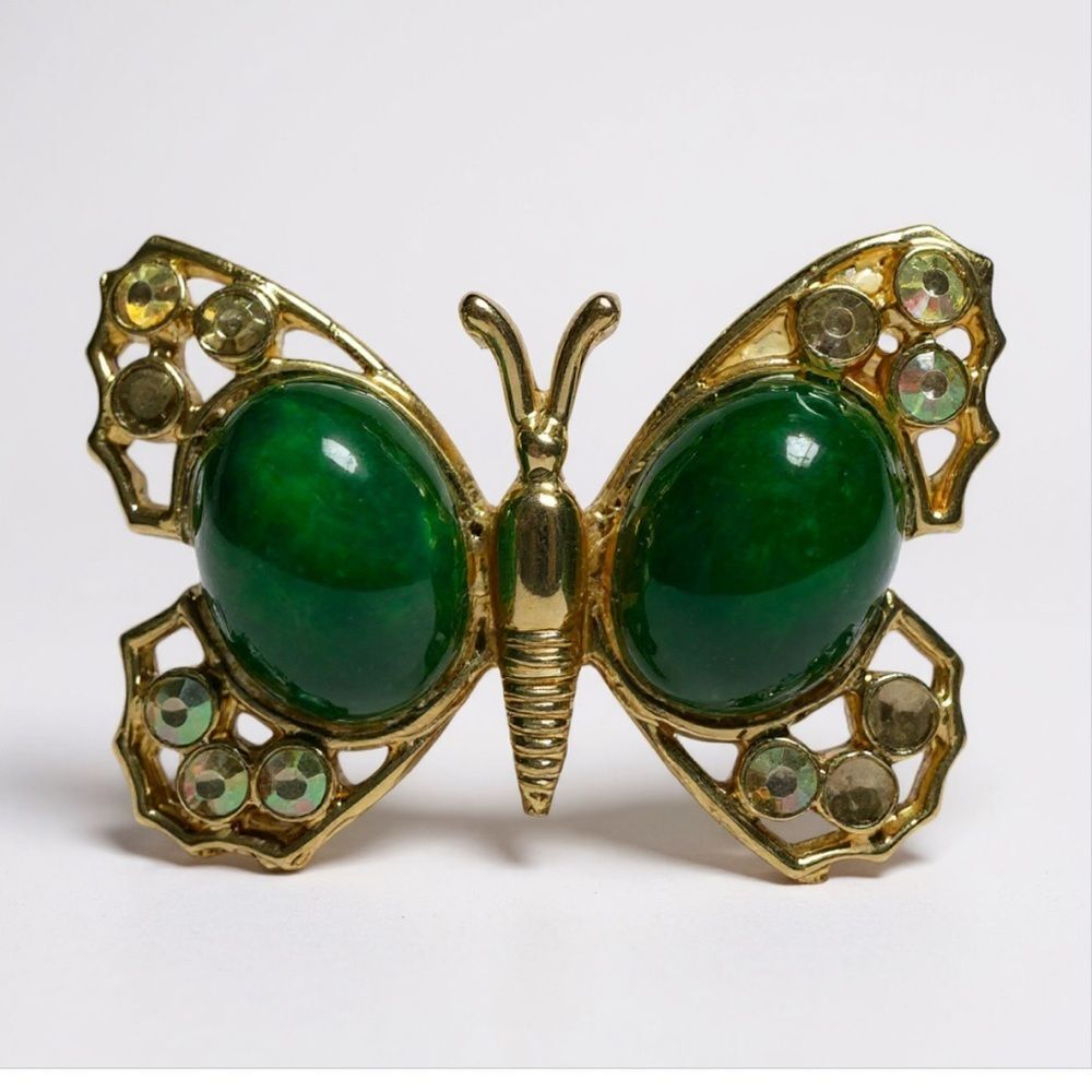 Vintage Green Glass Cabochon Butterfly Brooch w/ Aurora Borealis Rhinestones